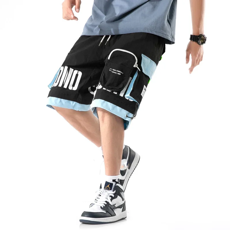 Men Hip Hop Streetwear Casual Shorts  Summer Male Cargo Shorts Color Block Fashion Joggers Shorts Elastic Shorts Homme