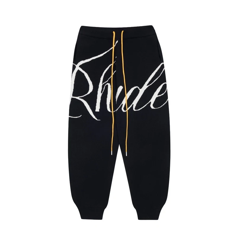 American Street Cursive Letter Jacquard Rhude Jogger Pants Yellow Drawstring Loose Knit Casual Sweatpants