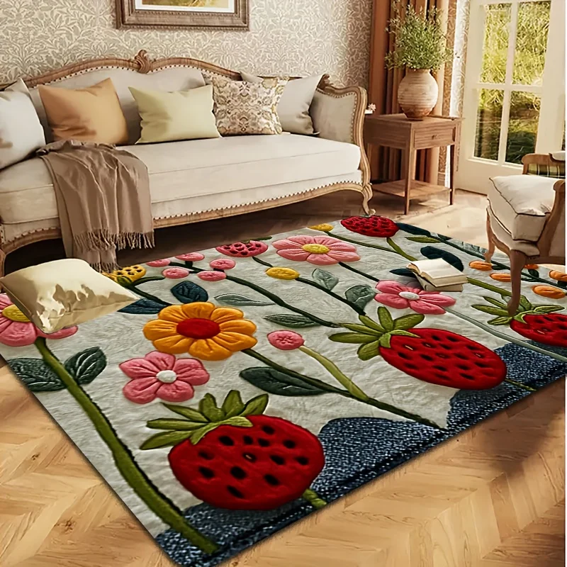 VIKAMA 2D Flat Floral Strawberry Carpet Bohemian Non-Slip Rug Home Decor Floor Mat for Entryway Kitchen Soft Carpet Balcony Mat