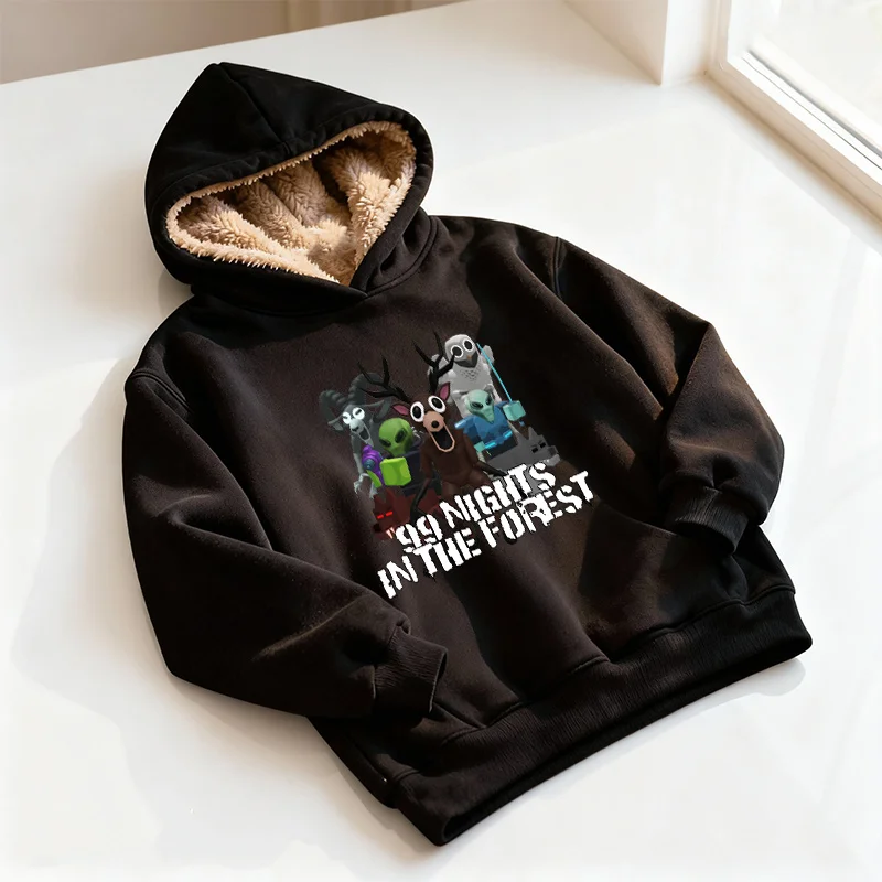 99 ليال في الغابات مقنعين البلوز الأولاد بارد أسود سميكة طويلة الأكمام هوديي الطفل الفتيات عارضة الرياضة الصوف قمم الملابس #1