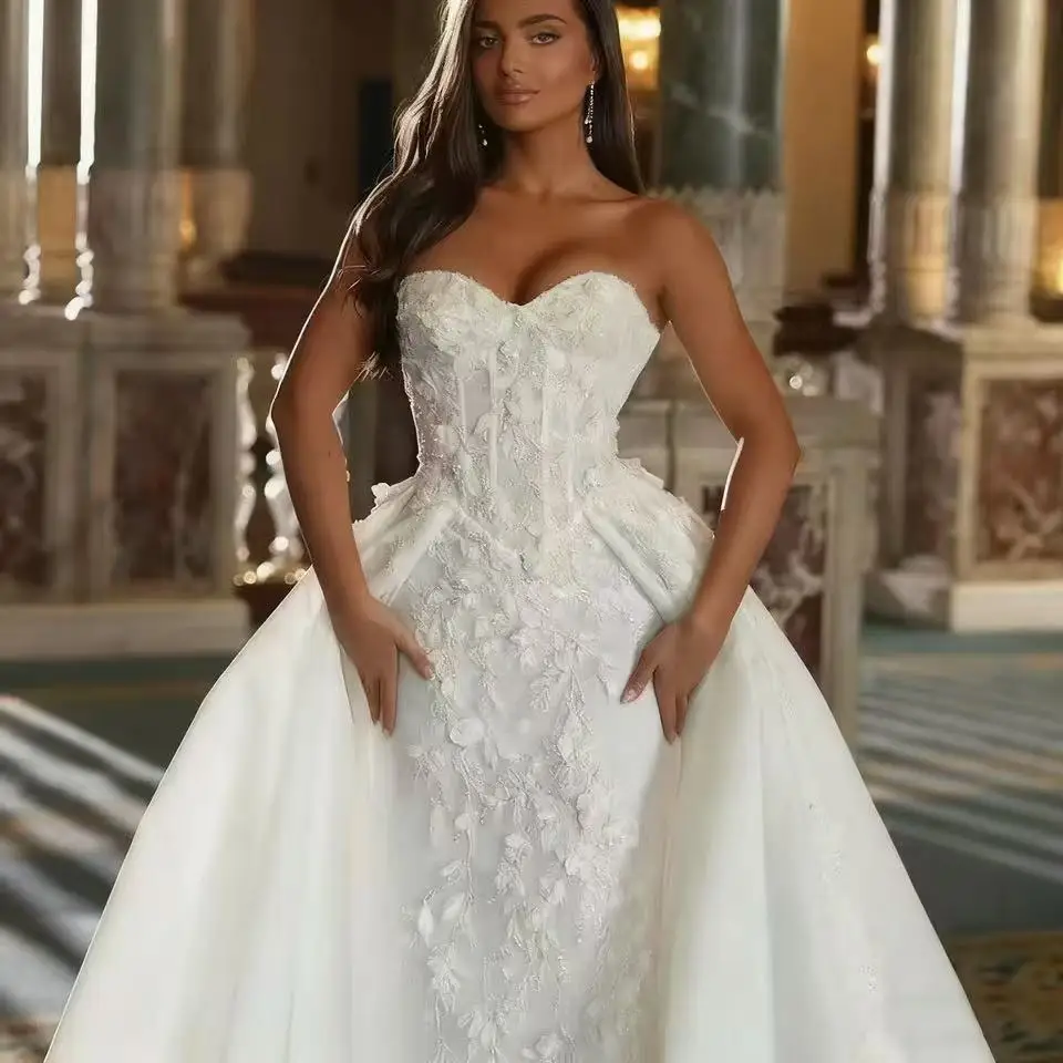 Romantic Strapless Lace Up Detachable Train Mermaid Wedding Dress Exquisite Appliques Embroidery Trumpet Bridal Gown Customized