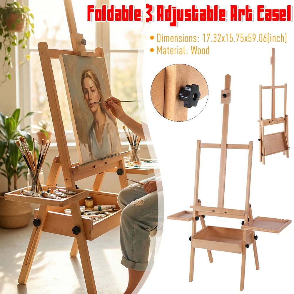 

Большой деревянный мольберт-тренога с регулируемой высотой, складной, с вместительным выдвижным ящиком и отсеками для принадлежностей, прочная и устойчивая конструкция