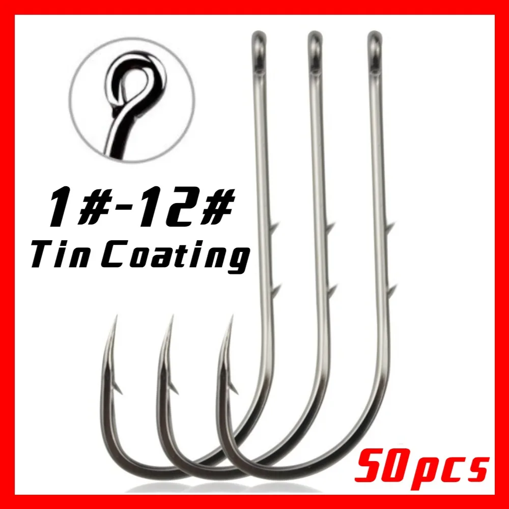 50pcs Long Handle Barbed Fishing Hook Offset Trolling High Carbon Steel Live Back Thorn Accessories Tackle Tools Equipment