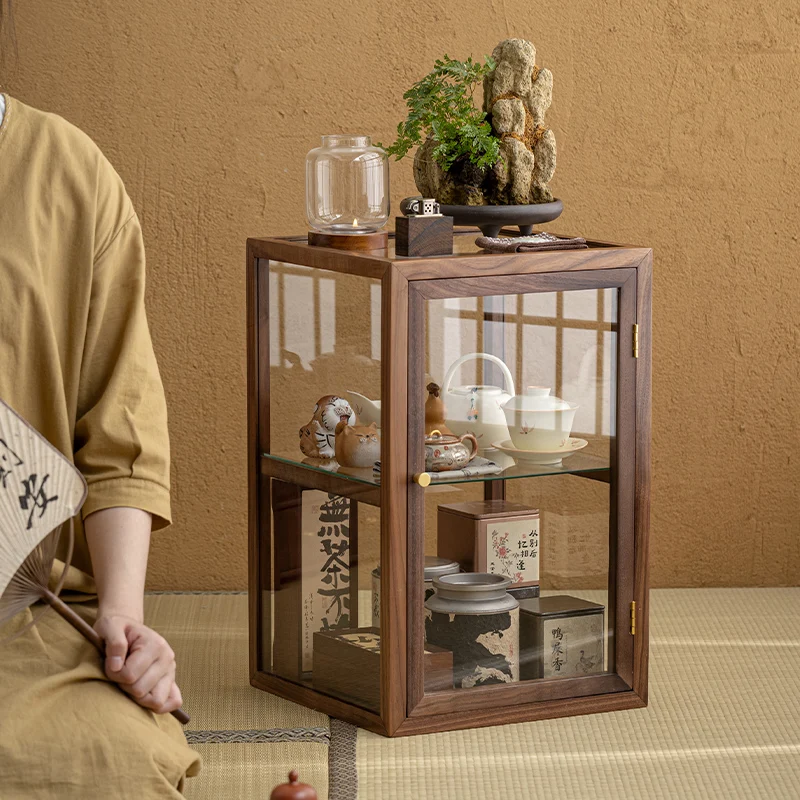 خزانة عرض زجاجية من خشب الجوز الأسود في أمريكا الشمالية، مجموعة شاي Wenwan، خزانة عرض سطح المكتب، خزانة تخزين الغبار