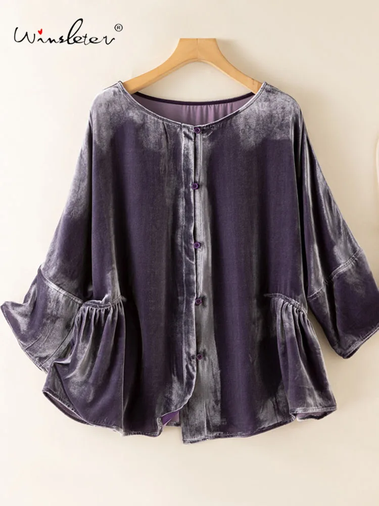

Winsleter-Bottom 100% Silk Elegant Velvet Shirt, Woman O Neck Batwing Sleeve Solid, Retro Commute Blouse, 2025 Autumn T5N311CC