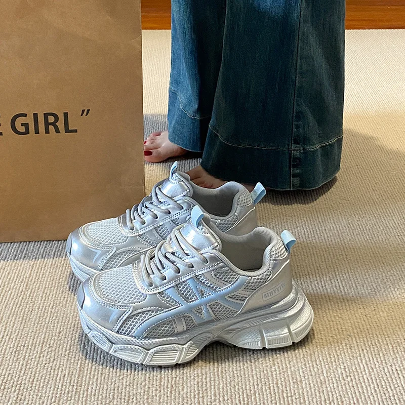 

European Style Dad Sneakers for Women Mesh Breathable Thick-Soled Height-Increasing Retro Hot-Selling Trendy Casual Shoes