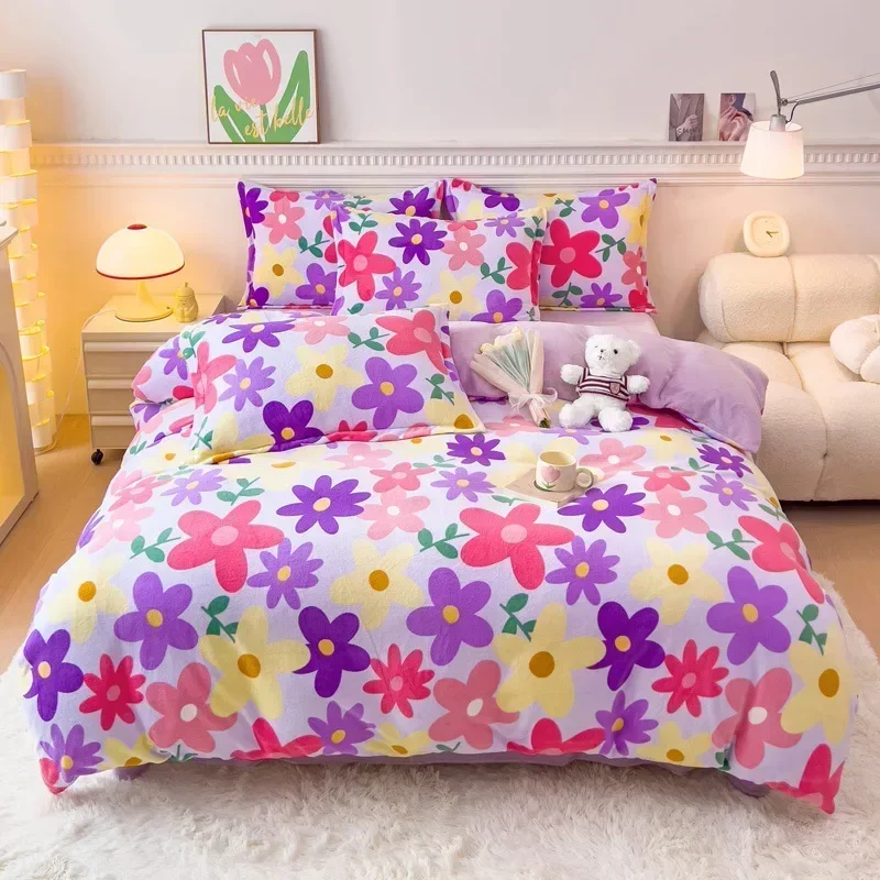 New Crystal Velvet Warm Bedding Set for Winter Cartoon Flannel Fleece Warmth Duvet Cover Set Queen Soft Comforter Cover Sets