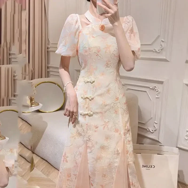 Sexy Orange Stand Collar Hollow Short Sleeved Cheongsam Dress Chinese Style Qipao for Women Summer Retro Improved Dress Modern