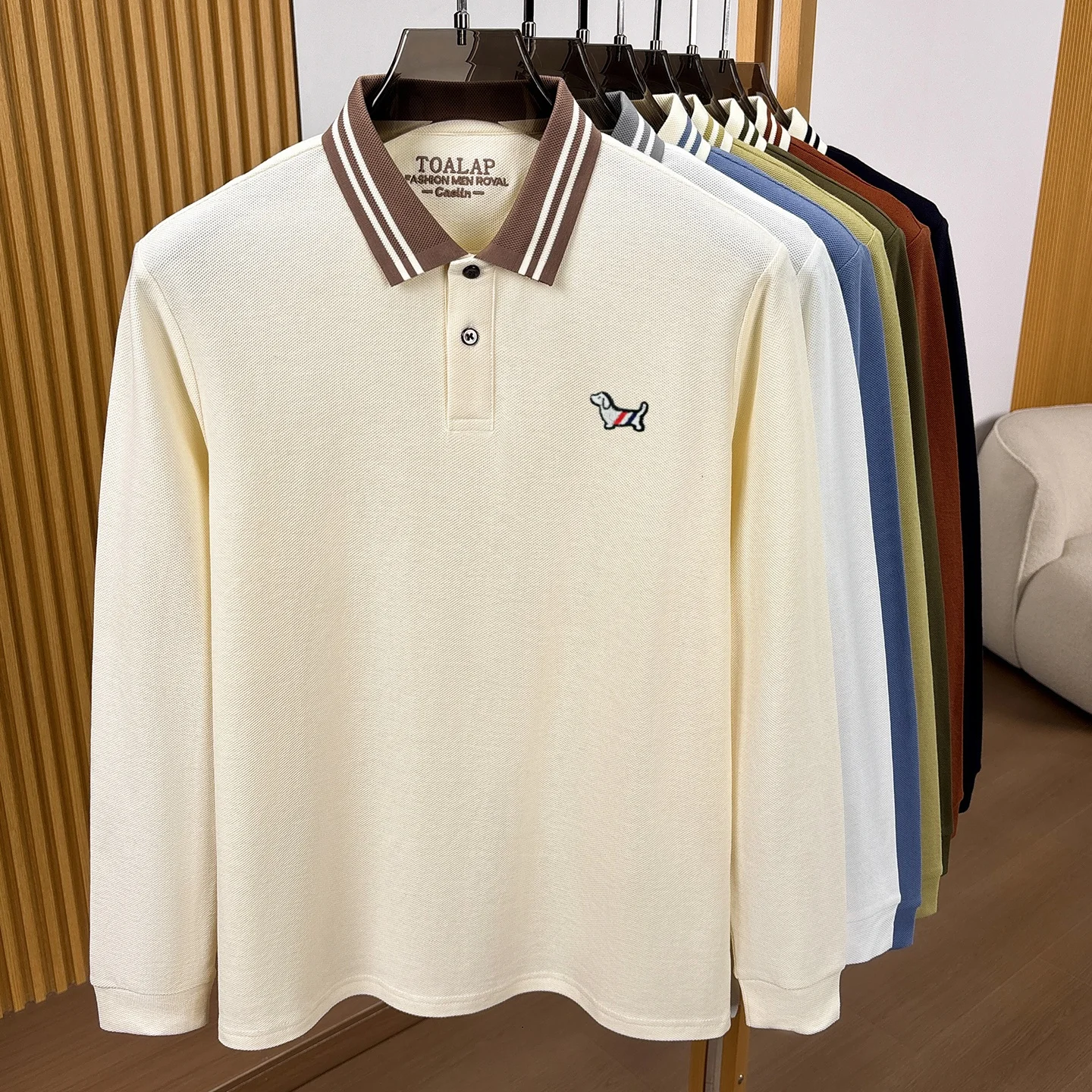 100% Baumwolle Luxusmarke Langarm-Poloshirt Herrenmode neue Freizeitmode niedliche Welpen-Stickerei Komfort Frühling Herbst T-Shirt – Detail 5