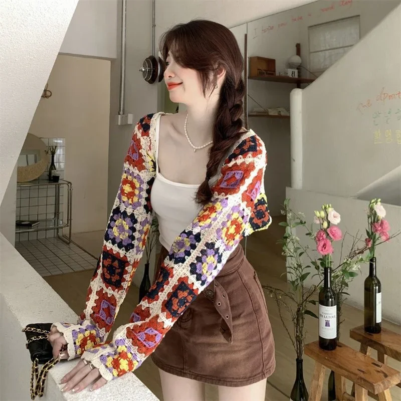 Korean Style Y2K Retro Colorful Crocheted Hollow Cardigan Knitted Jacket Women's Design Thin Short Jacket Shawl