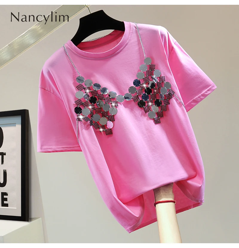 Crystal-Studded Sequins Two-Piece Set Top Women's Tshirt 2024 Summer Korean Style Solid Color Round Neck Short Sleeves T-Shirt