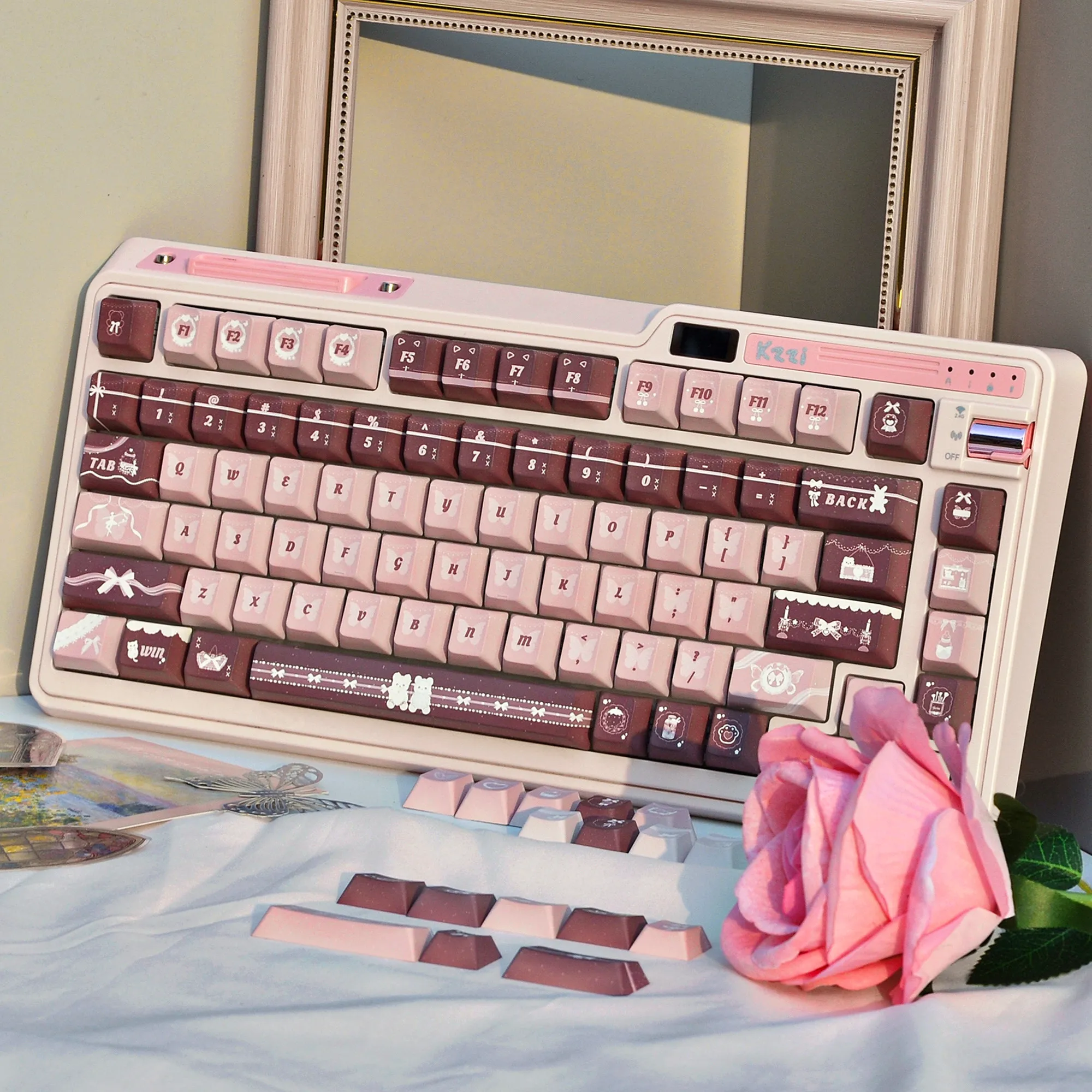 MAIMOOO Pinkish Brown Keycap Cherry MOA Profile PBT Dye Sub Custom Cute Cat Lace Bow Keycaps for Mechanical Keyboard Girls Gifts