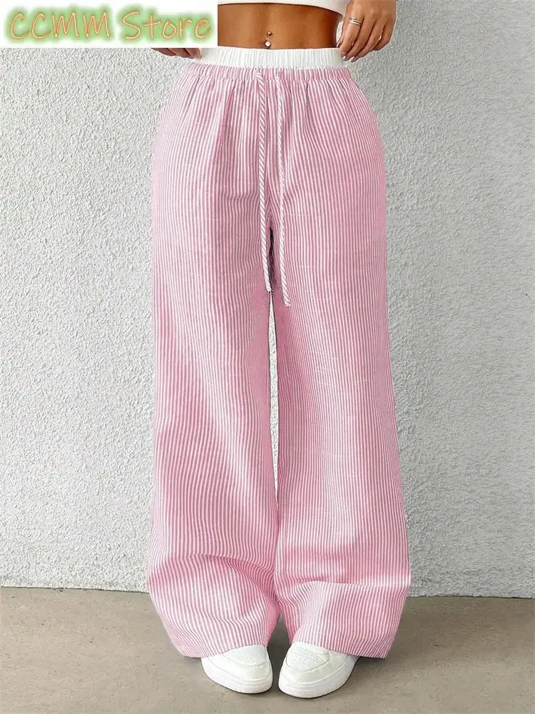 Women's Casual Striped Woven Wide Leg Pants Fall Winter Casual Stylish Full Length Trousers Clothes Streetwear