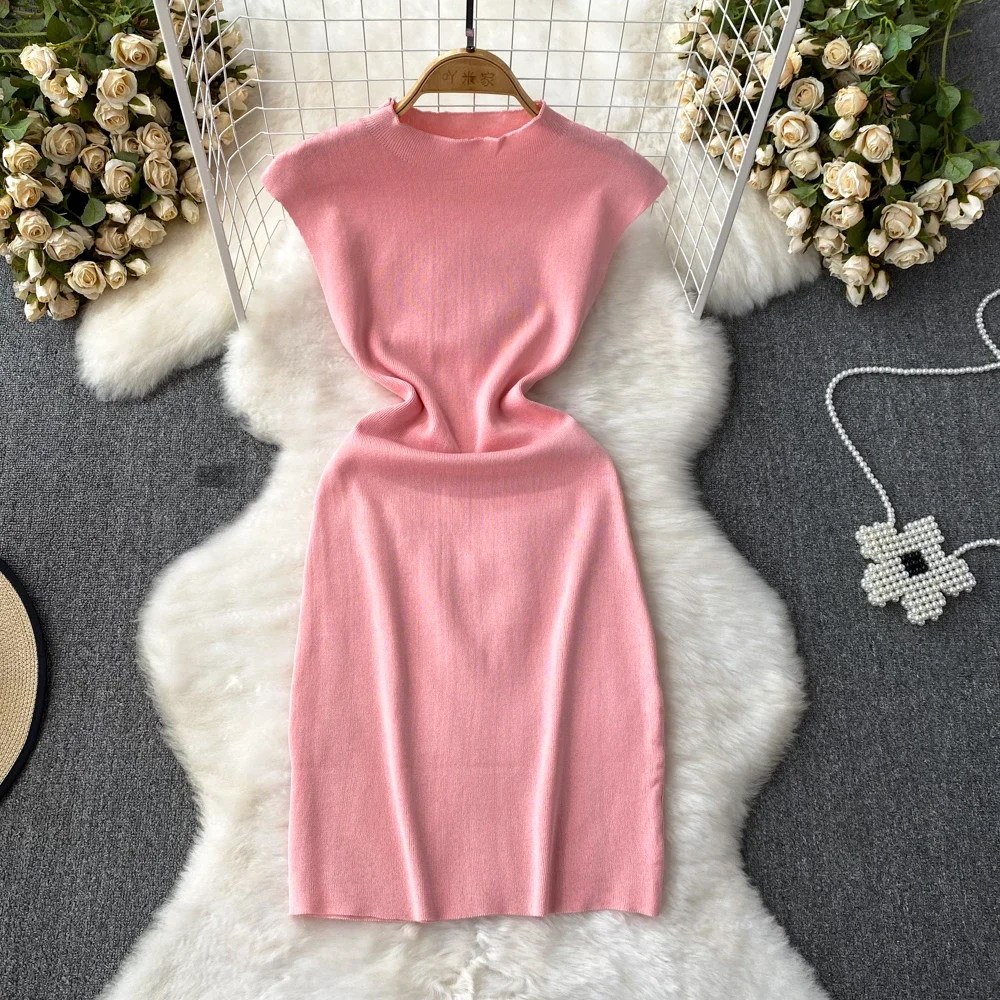 Rosa Sommer stricken sexy Riemen Kleid Frauen Tank elatic Taille Bodycon Sommerkleid weiblichen Strand solide rücken freie kurze Kleid