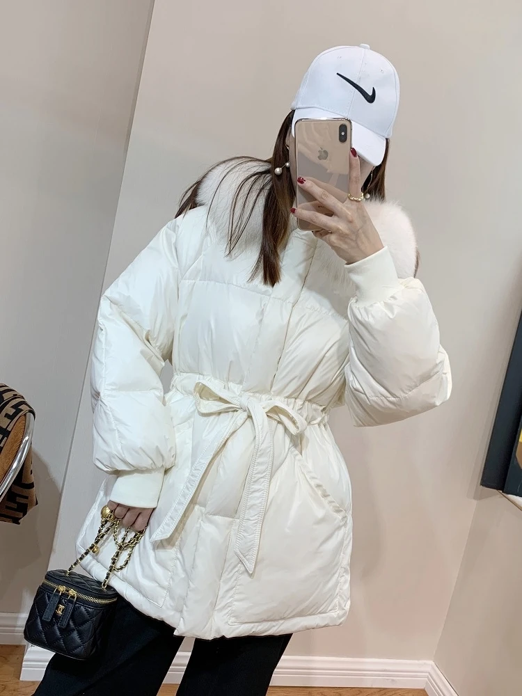 ew Winter Thick Warm Short Jacket Women Big Faux Fur Collar Hooded Parkas 90% White Duck Down Coat Lace-up Outwear