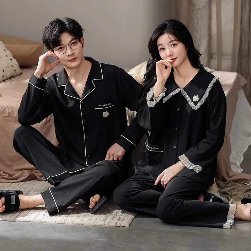 Couple Pajama Set Long Sleeve 100% Cotton Leisure Spring and Autumn Men and Women Turn-down Collar Pijamas