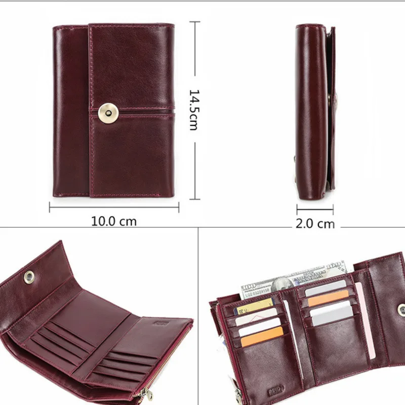 Fashionable British Style Head Anti Magnetic Triple Fold Functional Multi Card Position Genuine Leather Women's Wallets Handbags