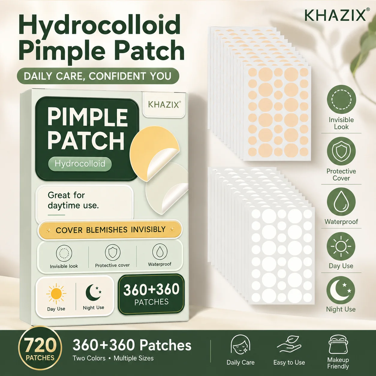 360+360pcsHydrocolloid Acne Pimple Patch, Hydrocolloid Spot Stickers, Covering Zits and Defect, Nighttime Spot Stickers for Face