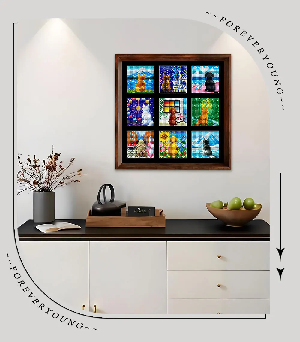 9 Grid Dog Travel Scenery Diamond Painting Kit, Puppy Back View Pixel Art, Square + AB + Crystal Diamonds, 30×30cm. view 4