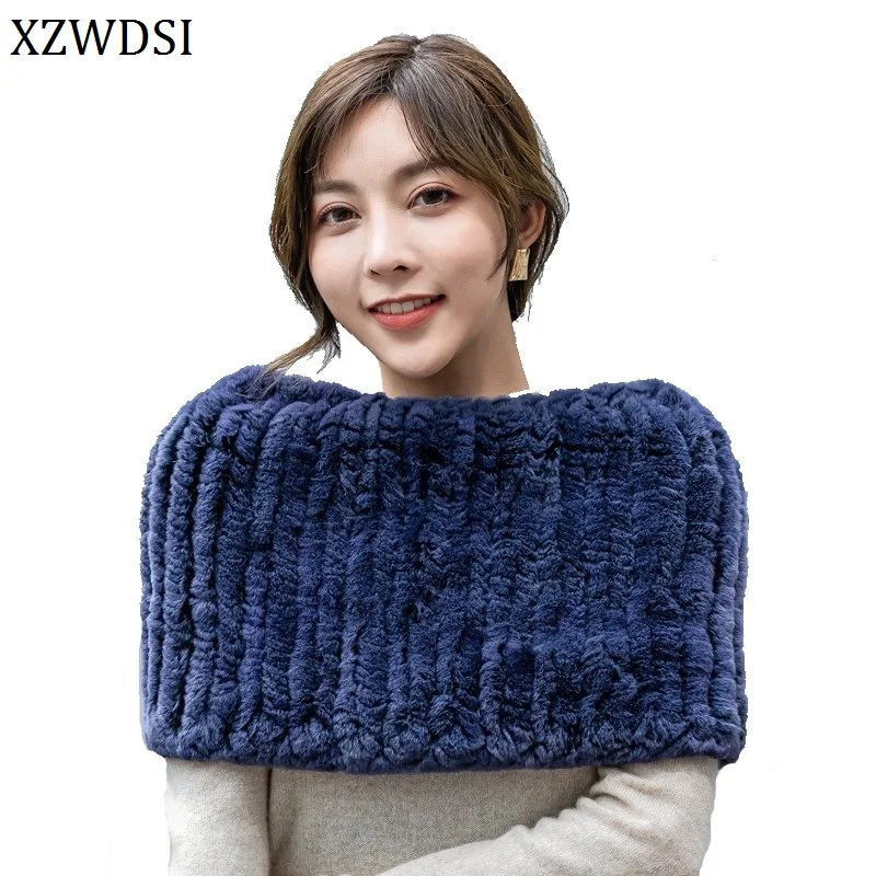 

Women Real Rex Rabbit Fur Shawl Natural Knitted Fur Poncho Scarf Autumn Winter Neck Warmer