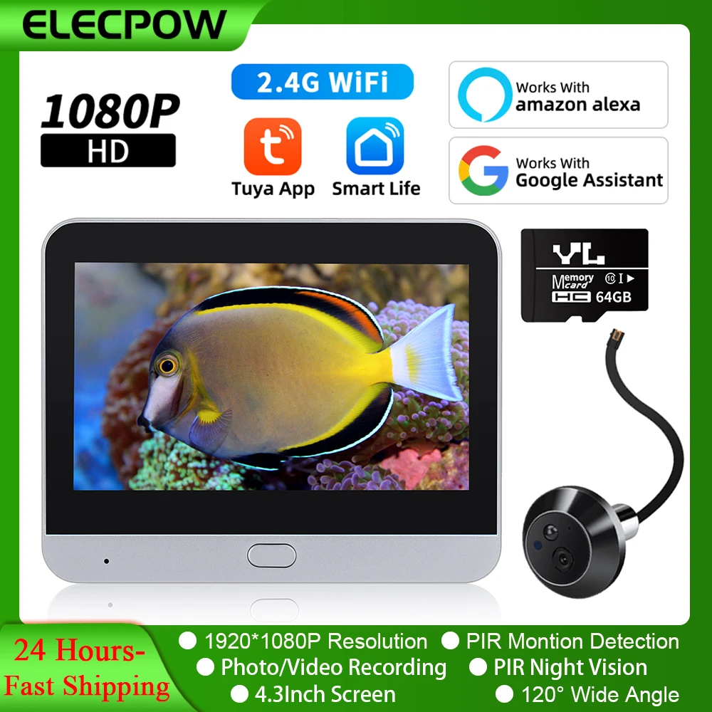 Elecpow 1080P WiFi Door Camera 4.3Inch Smart Tuya Peephole Video Doorbell Camera Night Vision PIR Motion Detection Door Viewer