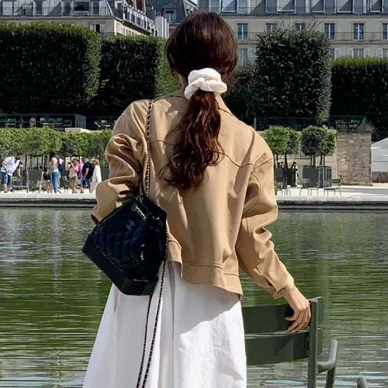 

Elegant Suede Zipper Jacket Women's Spring 2026 New Korean Style Slim Fit Workwear Top Long Sleeve Color Casual Wear