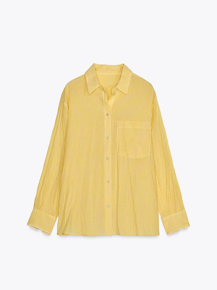 قميص مريح غير رسمي مخطط بأكمام طويلة للنساء وصل حديثًا للربيع وحاشية مطوية ونمط موضة للسيدات