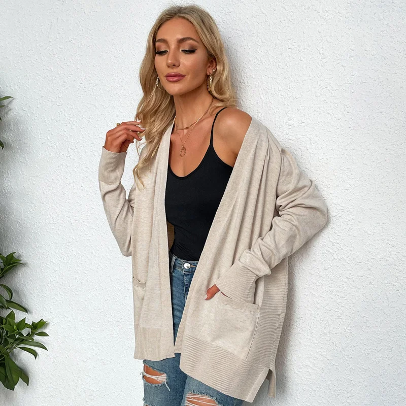 

YQ1-2025Autumn Winter New Loose Casual Pocket Elegant Commuter Long Sleeve Knitted Cardigan for Women