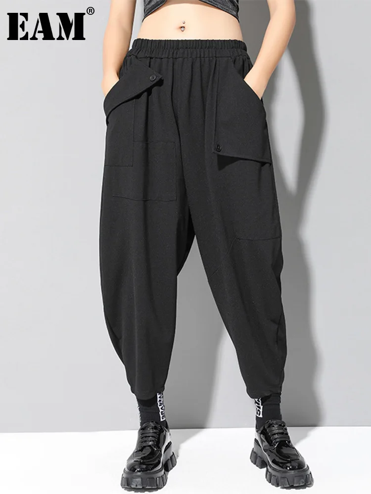 [EAM] High Elastic Waist Black Pockets Casual Harem Pants New Loose Fit Trousers Women Fashion Tide Spring Autumn 2025 1DF4686