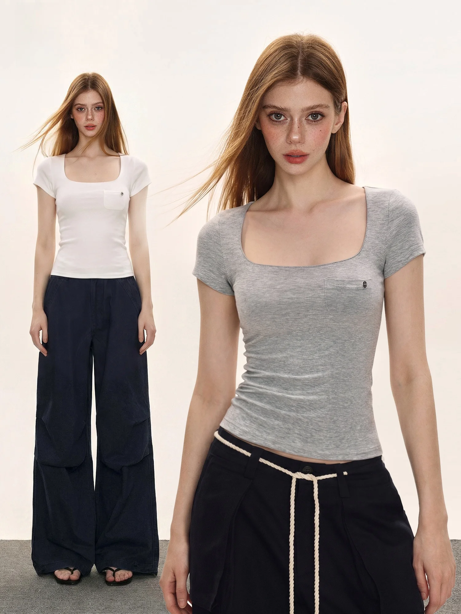 Slim Fit Short Sleeve T-Shirt Women's Summer Casual High Waist Design Square Collar Pocket Detail Regular Shoulder Length Top