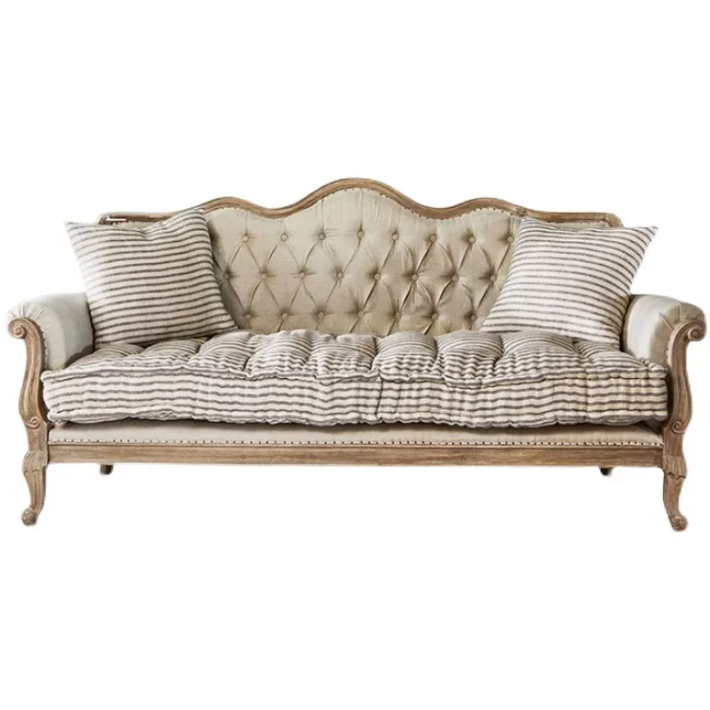 

American rural retro solid wood three-person sofa oak carving old living room casual European fabric log furniture