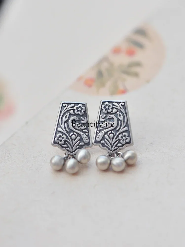 925 Silver Stud Earrings Vintage Flower Ethnic Style Creative Female Summer Niche High-Grade Temperament