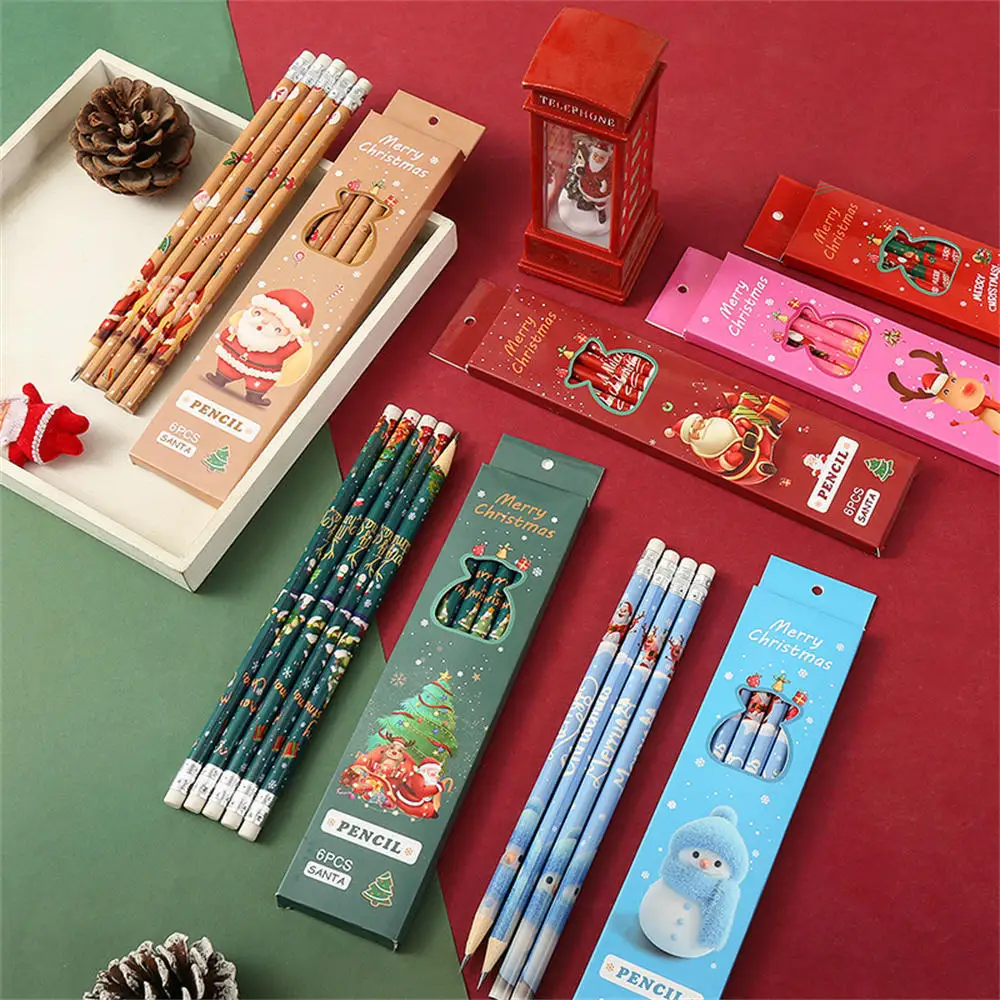 6 Pcs Christmas Boxed Pencils Student Writing Drawing Sketch Painting Pen Set Wooden HB With Rubber Stationery School Supplies