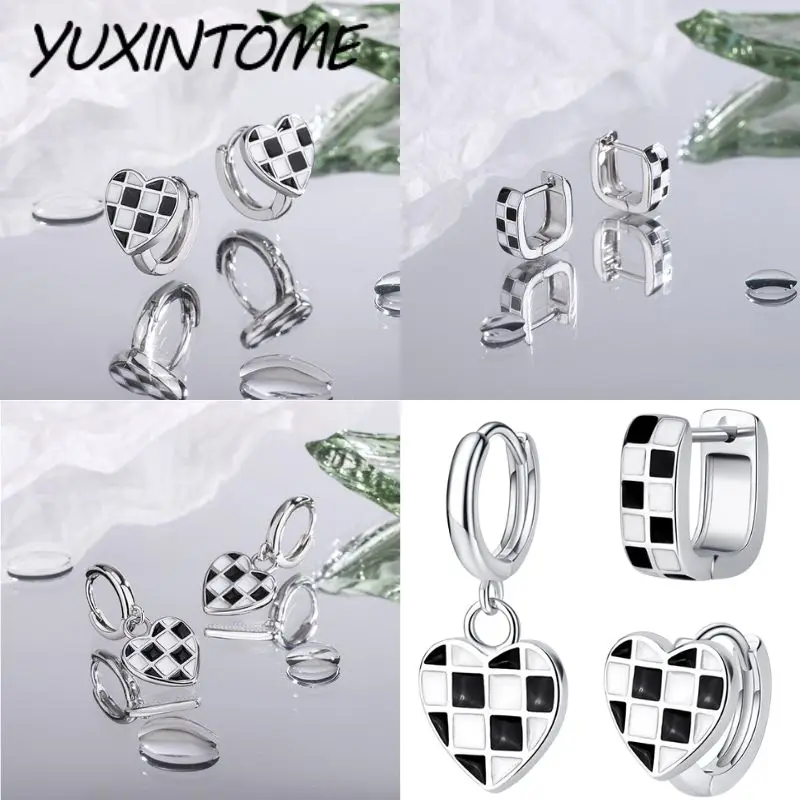 

925 Sterling Silver Needle Niche Design Epoxy Black White Plaid Checkerboard Heart-Shaped Earrings Trend Fashion Jewelry Gifts