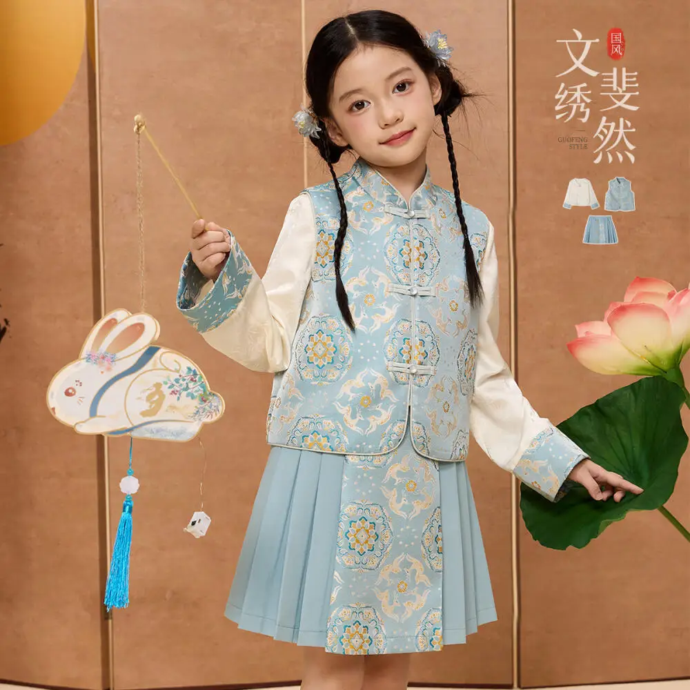 

3Pcs Girl Child Set Spring Autumn New Vest T-Shirt Skirt Long Sleeves Student Blue Fashion Soft Kawaii Children's Clothing