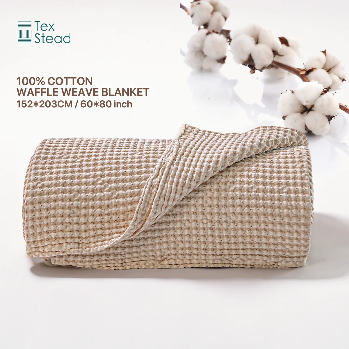 100% Cotton Honeycomb Waffle Knitted Throw, Lightweight Breathable for Spring/Summer, Soft Cozy Solid Blanket for Bed & Couch