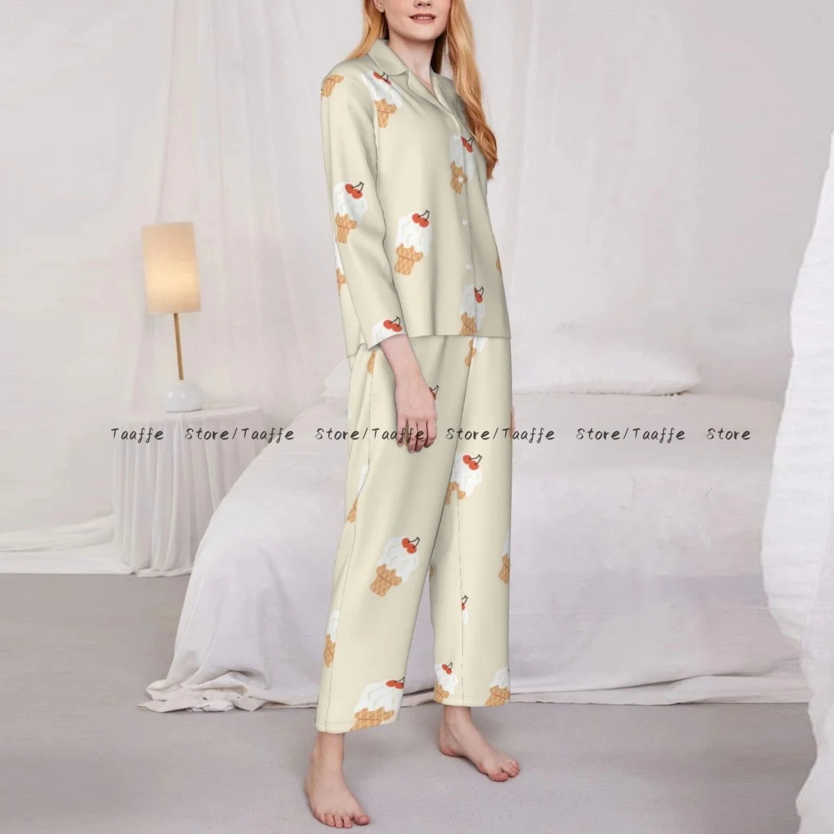 Spring and Autumn Long Sleeve Pants Pajamas Loungewear Set Ice Cream Vintage Background Women's Pull Edge Loose Sleeping Suit