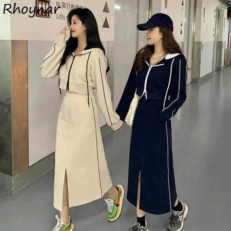 

Midi Dress Sets Women Short Hoodies Zipper Empire Vintage Chic Female Long Sleeve Fall Winter Streetwear Ulzzang A-line Charming