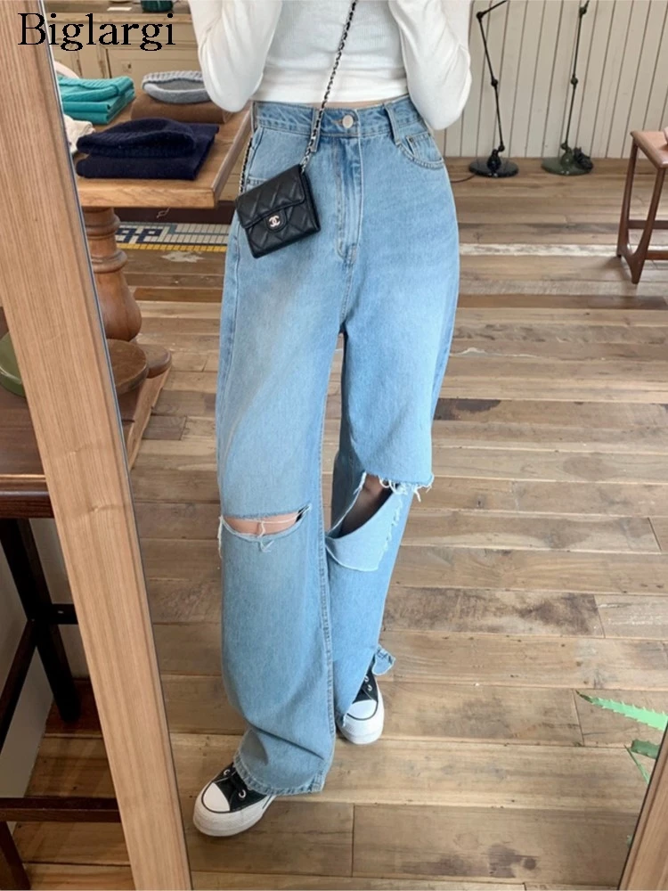 

Jeans Hole Pant Wide Leg Women Loose Pleated Korean Style Fashion Casual Ladies Long Trousers High Waist Woman Straight Pants