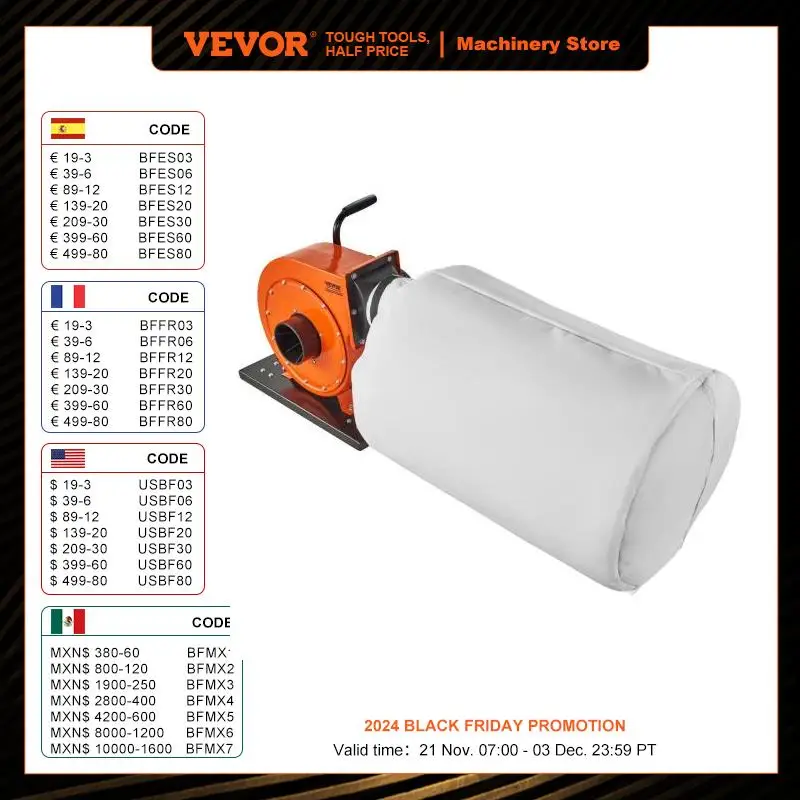 VEVOR Dust Collector 1HP 537 CFM Air Flow Rolling Dust Collector with 21-Gallon Dust Collection Bag 2.5 Micron Bag Filtration