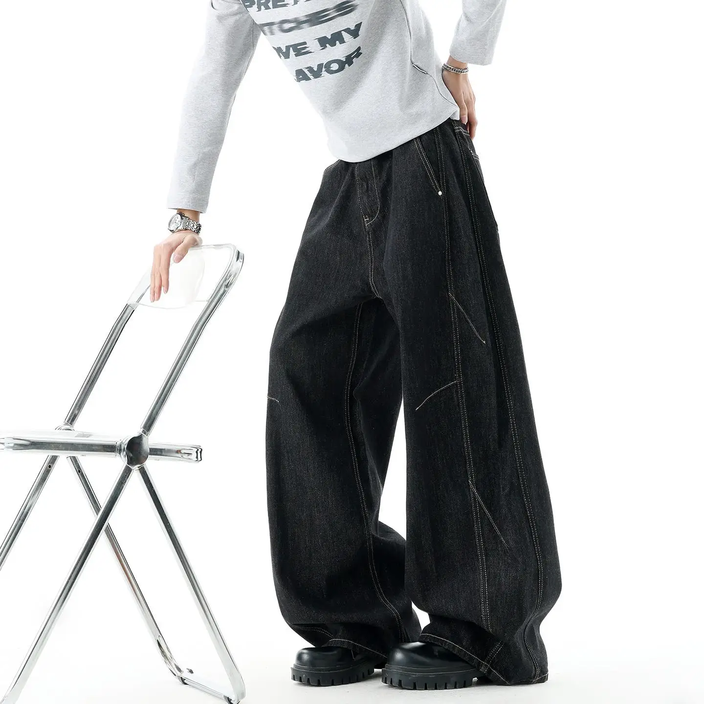 

American Retro Wide Leg Men's Jeans Straight Cut Drapey High Street Vibe Deconstructed Knife Long Pants Casual Loose Fit