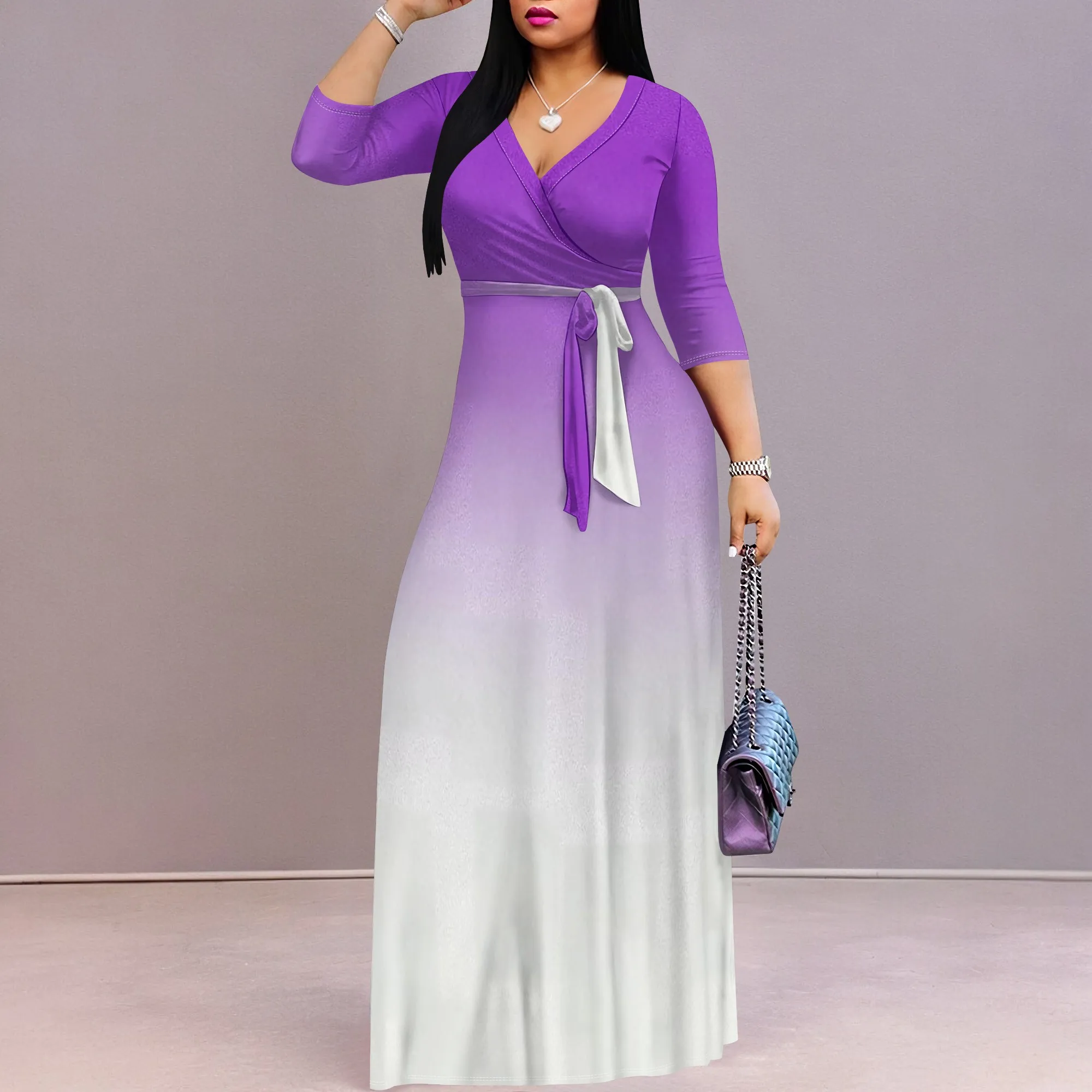 Robe longue portefeuille pour femmes, col en V, manches 3/4, taille haute, mi-longue, robes d'invitées de mariage élégantes avec ceinture