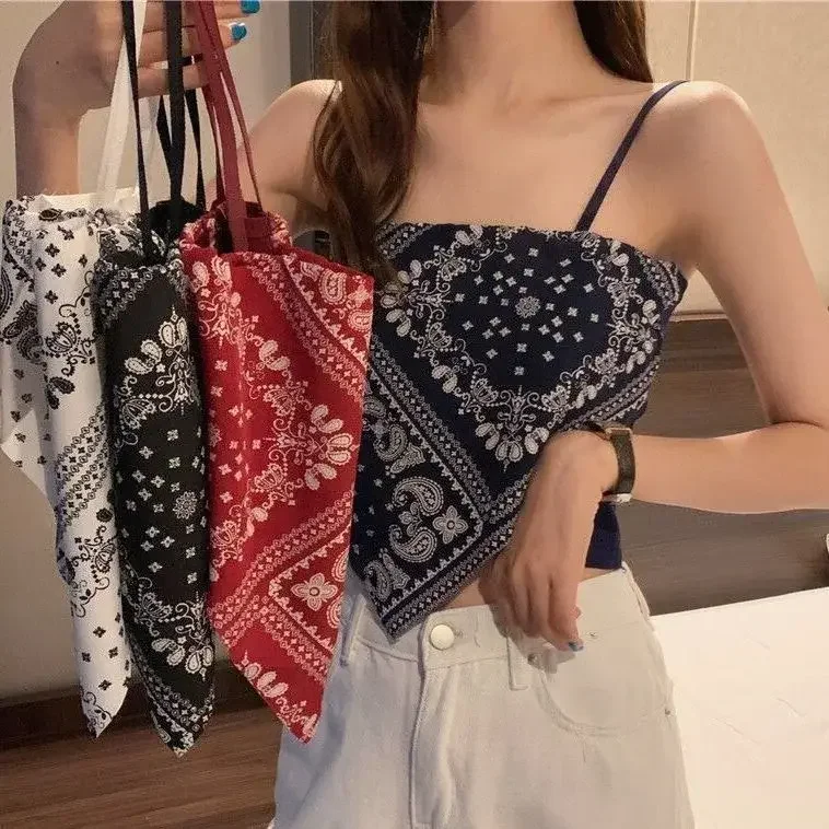 Blusa de tubo con estampado de pañuelo de satén de verano para mujer, Top corto con lazo en la espalda, blusa camisola con tirantes finos