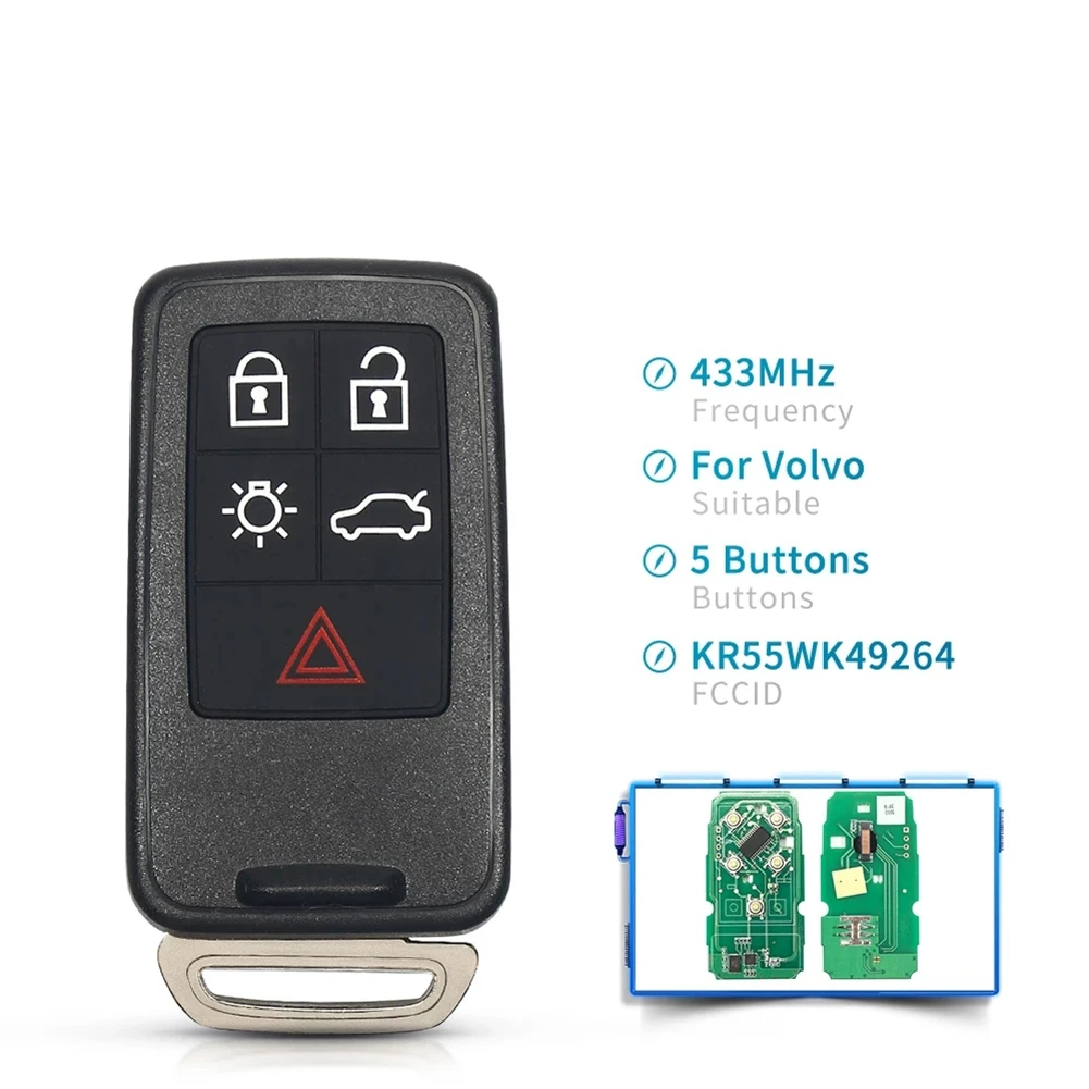 

AC34-Car Smart Key 5 Buttons Car Smart Key KR55WK49264 For Volvo S60 S60L S80 XC60 XC70 V40 2007-2016 ID46 PCF7953 Chip 433M