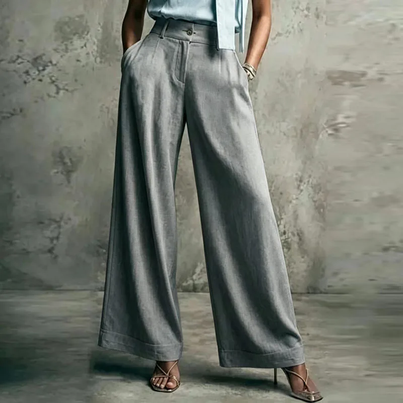 Greenora Women Wide Leg Trouser High Waist Button Fly Pleated Front Cuffed Hem Solid Pants New Casual Office Work Pants With Sid