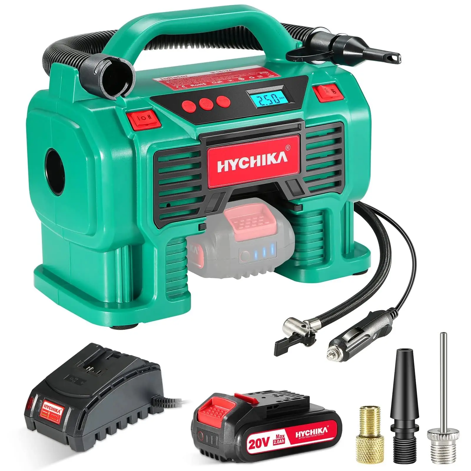 HYCHIKA Portable Air Compressor Tyre Inflator with Pressure Gauge 12V Car Air Pump for Tires Balls and Other Inflatables