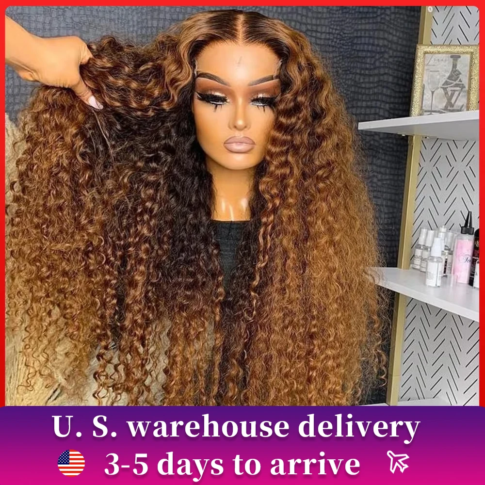 Curly Wig Human Hair 210% Density Glueless Long Kinky Curly Wigs Human Hair Ombre Brown Afro Curly Wigs for Black Women Colored