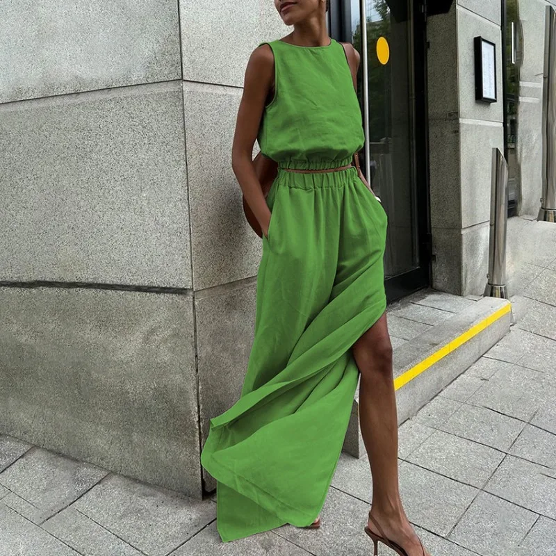

2026 Spring Summer Casual Women's Vest Slit Trousers Two-piece Set Cross-border Hot-selling Cotton and Linen Solid Color Suit