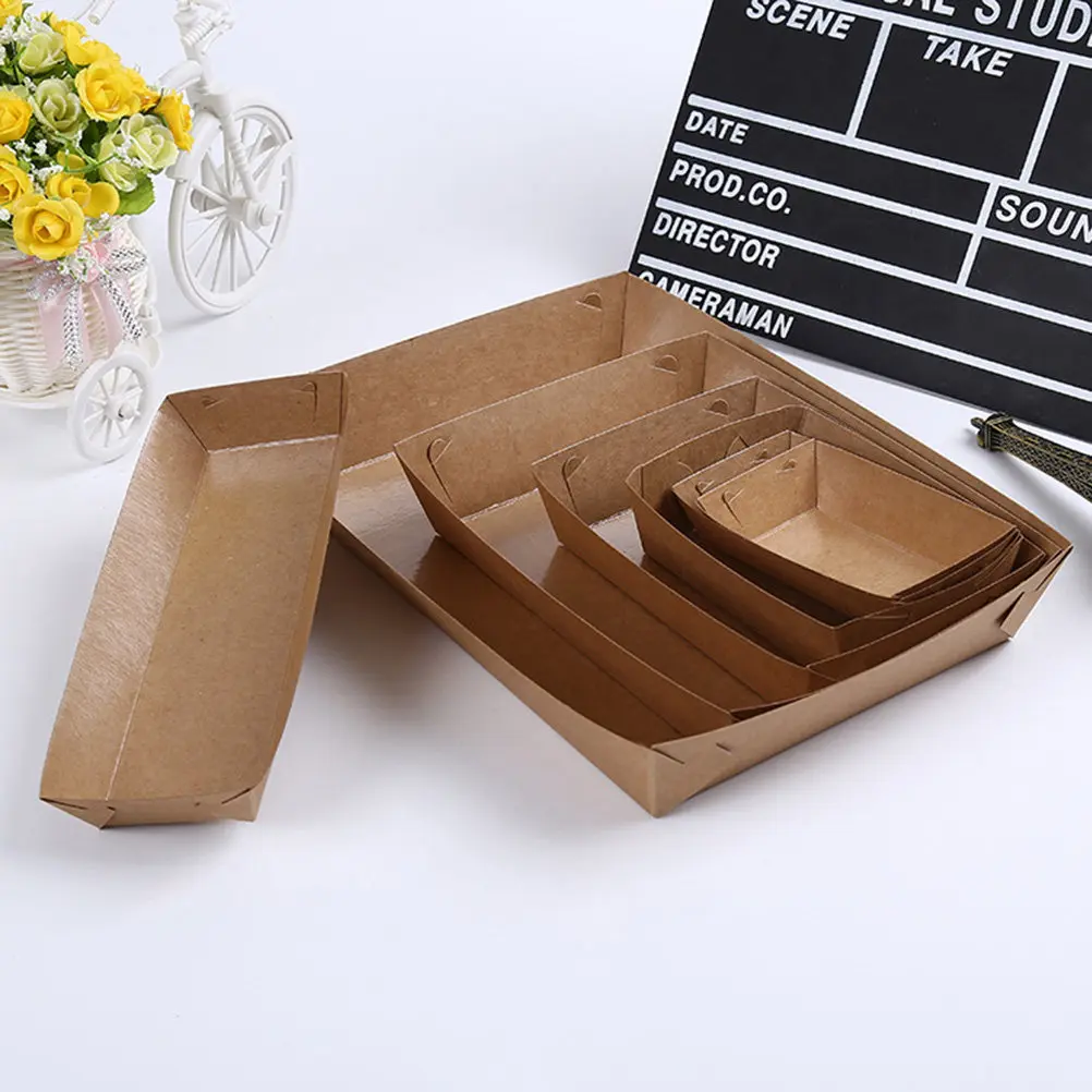 5Pcs Disposable Kraft Paper Food Serving Tray Boat Shape Snack Open Box Carnival Fair Picnic Chicken Fries 20x6x3cm