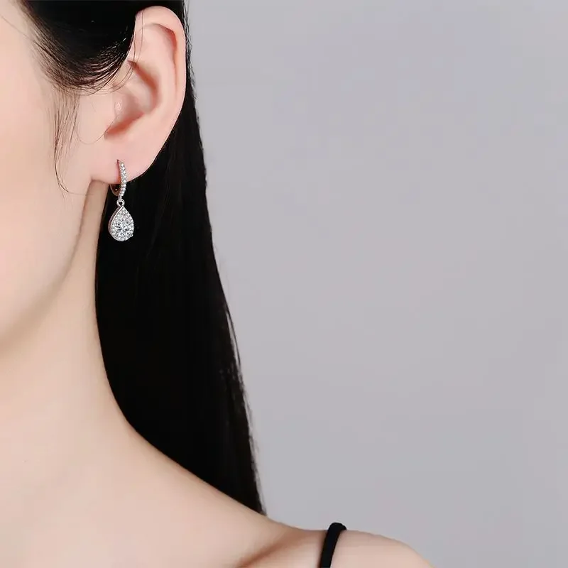 Classic 100% Real 1 Carat Pear Cut Moissanite Diamond Drop Earrings Women’s S925 Silver Earring Plated PT950 Fine Jewelry